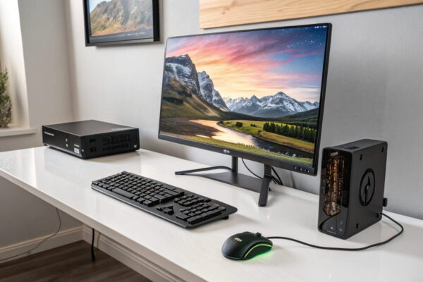 HDR-Setup: So sieht optimale Hardware für High Dynamic Range aus Komplettes HDR-Setup mit Monitor, Grafikkarte und Anschlusskabel im modernen Arbeitsplatz