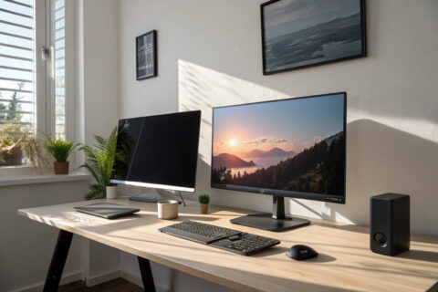 OLED vs. LCD Monitor im Vergleich auf einem Schreibtisch