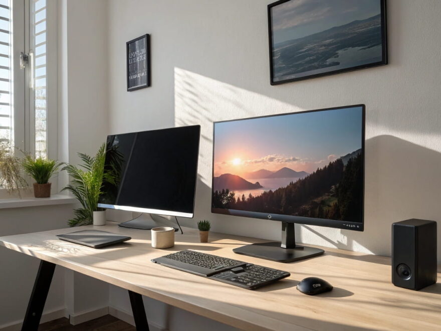 OLED vs. LCD Monitor im Vergleich auf einem Schreibtisch