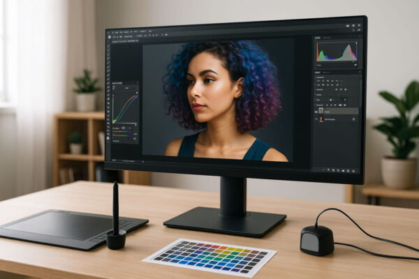 Professioneller Arbeitsplatz mit Monitor für Grafikdesign und Farbgenauigkeit Monitore für Grafikdesign an einem professionellen Arbeitsplatz mit Grafiktablet und Farbkalibrierung