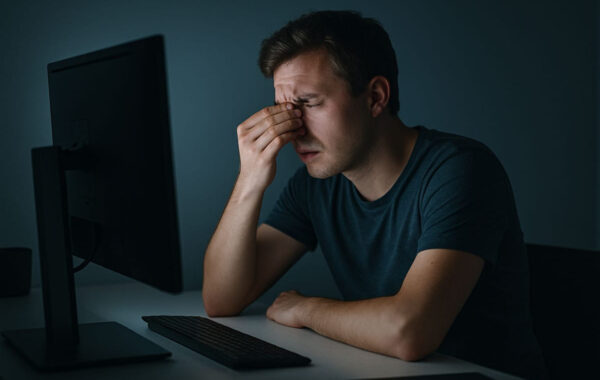 Person am Monitor mit sichtbarem Augenstress – Augenschutz fehlt