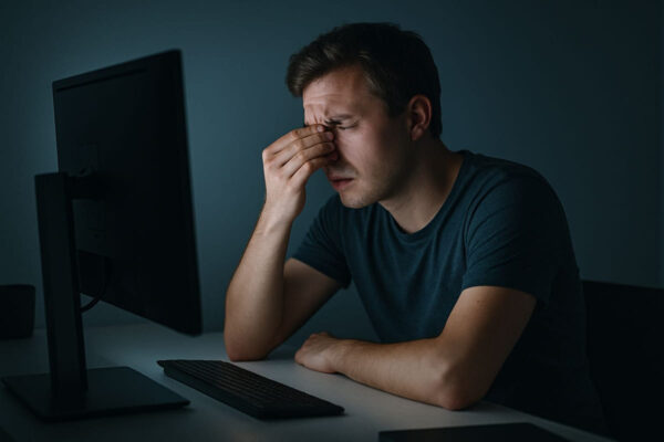 Person am Monitor mit sichtbarem Augenstress – Augenschutz fehlt
