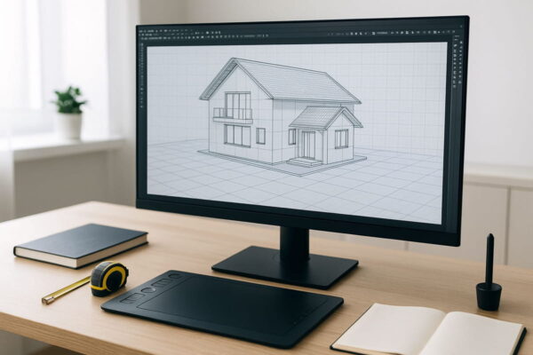 CAD-Monitor mit technischer Zeichnung im professionellen Einsatz Moderner CAD-Monitor mit technischer Zeichnung auf dem Bildschirm