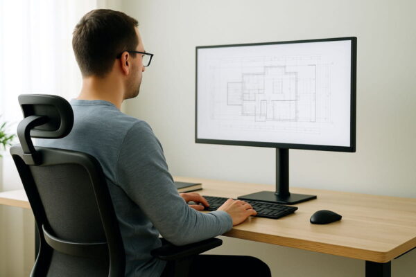 Ergonomischer CAD-Arbeitsplatz mit höhenverstellbarem Monitor Ergonomischer Arbeitsplatz mit CAD-Monitor auf Augenhöhe