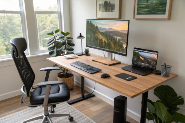Designer-Arbeitsplatz mit ergonomischer Monitorausrichtung und moderner Anschlussvielfalt Ergonomischer Arbeitsplatz mit Monitoren für Grafikdesign und USB-C-Anschluss