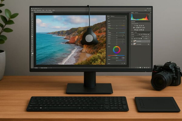 Moderner Arbeitsplatz mit Monitor für Fotobearbeitung Monitore für Fotobearbeitung im professionellen Einsatz mit präziser Farbdarstellung am Arbeitsplatz