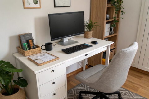 Monitor mit USB-Hub auf aufgeräumtem Schreibtisch im Homeoffice