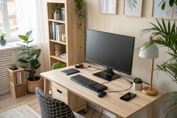 Externe Geräte am Monitor mit USB-Hub anschließen Monitor mit USB-Hub und angeschlossenen Geräten wie Maus, Webcam und USB-Stick