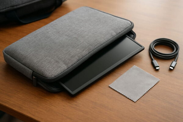 Portable Monitore sicher verpackt mit Schutzhülle und Zubehör