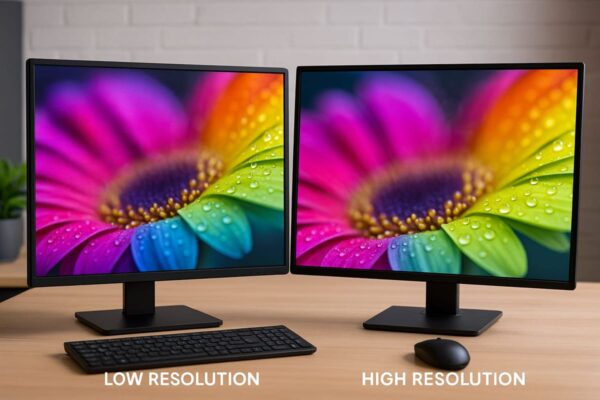 Monitore im Auflösungsvergleich für präzise Fotobearbeitung Vergleich von Monitoren mit hoher und niedriger Auflösung bei der Fotobearbeitung