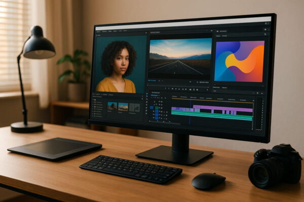Monitore für Content Creator im kreativen Einsatz Moderner Arbeitsplatz mit Monitor für Content Creator