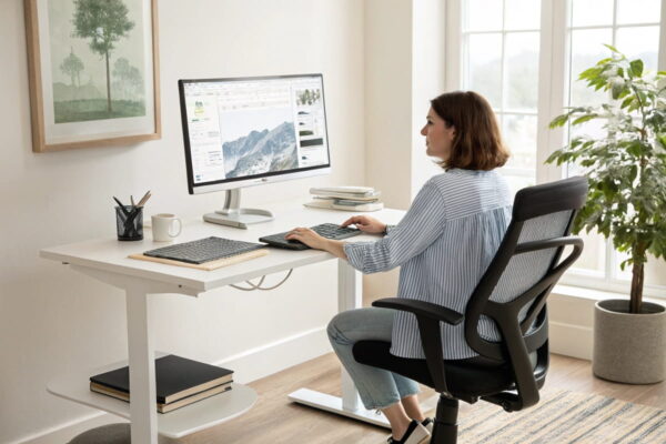Ergonomische Monitore für komfortables Arbeiten Ergonomischer Arbeitsplatz mit großem Monitor für Content Creator