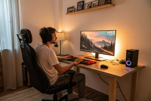 Gamer mit ergonomischem Setup und günstigen Monitor-Anschlüssen Gaming-Monitore unter 200 € in ergonomischem Schreibtisch-Setup mit HDMI- und DisplayPort-Anschlüssen