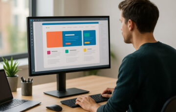Modernes Arbeitsumfeld mit Monitoren für Webdesign und offenem Website-Layout