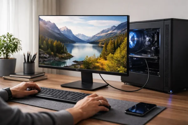 So zeigt ein Monitor die Bildsignale des Computers an Monitor zeigt Bildausgabe eines PCs auf dem Bildschirm