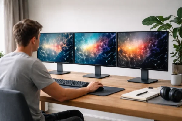 IPS, VA und TN Panel-Technologien im direkten Vergleich Vergleich von IPS-, VA- und TN-Monitor-Panels an einem Arbeitsplatz