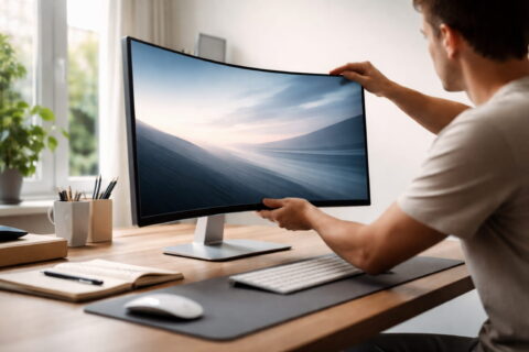 Curved-Monitor mit gebogenem Display auf einem modernen Schreibtisch