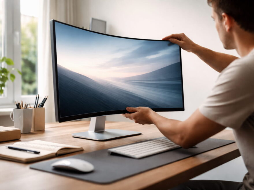 Curved-Monitor mit gebogenem Display auf einem modernen Schreibtisch