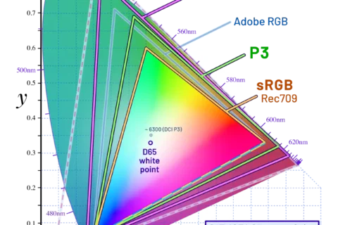 Vergleich der Farbräume sRGB, AdobeRGB und DCI-P3 im CIE-1931-Farbraum