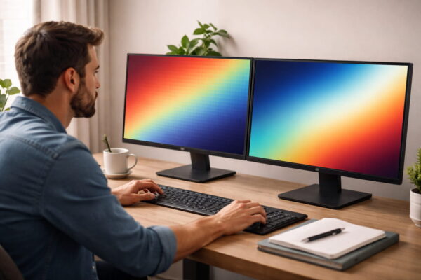 Monitor zeigt feine Farbverläufe zur Veranschaulichung der Farbtiefe