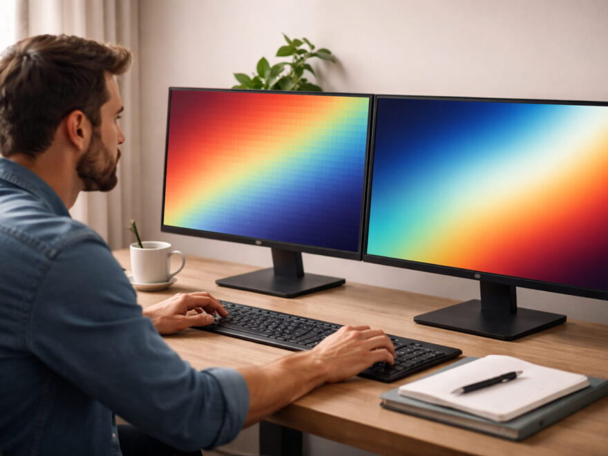 Monitor zeigt feine Farbverläufe zur Veranschaulichung der Farbtiefe