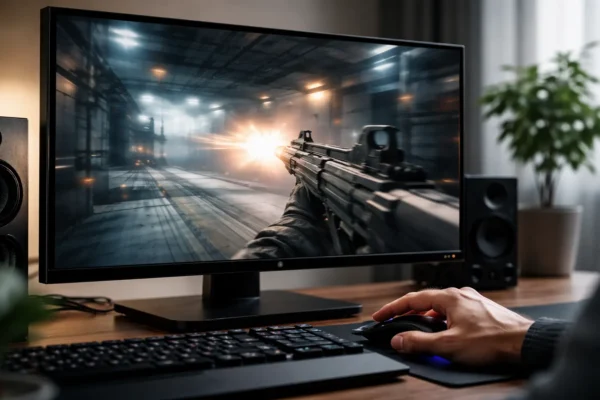 Hand am Mausgriff während verzögerter Reaktion auf dem Monitor