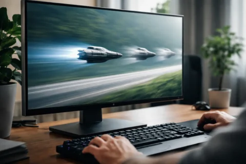 Monitor zeigt schnelle Bewegung mit sichtbaren Schlieren durch Reaktionszeit