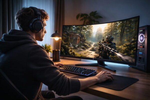 Curved oder flach Monitor beim Gaming – Übersicht und Reaktionszeit Curved oder flach Monitor beim Gaming mit Spieler am Schreibtisch