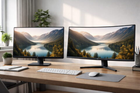 Curved oder flach – welcher Monitor passt besser zu dir? Der große Vergleich für die richtige Entscheidung 4 Curved oder flach Monitor im direkten Vergleich auf einem Schreibtisch nebeneinander