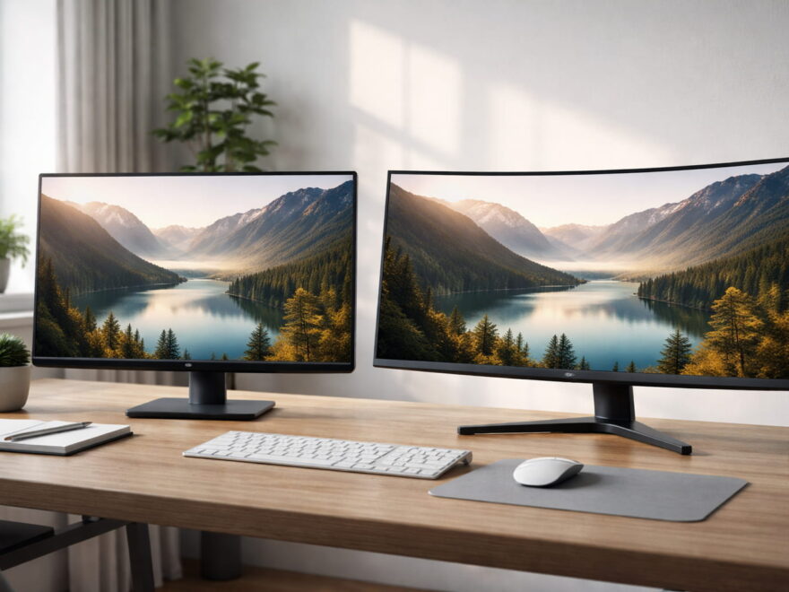 Curved oder flach Monitor im direkten Vergleich auf einem Schreibtisch nebeneinander