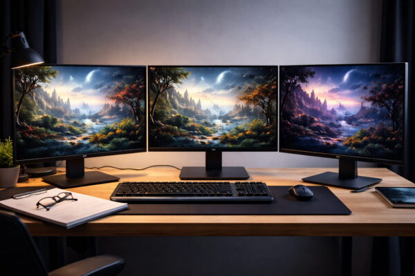 IPS, VA oder TN – Panel-Vergleich beim Gaming-Monitor kaufen Gaming-Monitor kaufen: Vergleich verschiedener Panel-Technologien wie IPS, VA und TN an einem Schreibtisch-Setup