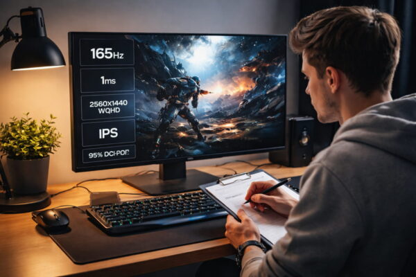 Technische Daten prüfen vor dem Gaming-Monitor kaufen Gaming-Monitor kaufen: Nutzer prüft technische Daten wie Auflösung, Bildwiederholrate und Reaktionszeit am Schreibtisch