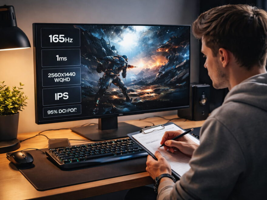 Gaming-Monitor kaufen: Nutzer prüft technische Daten wie Auflösung, Bildwiederholrate und Reaktionszeit am Schreibtisch