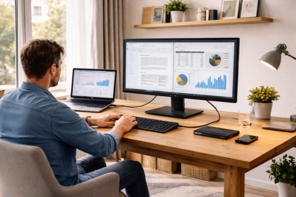 Monitor fürs Homeoffice – Laptop per Kabel mit externem Bildschirm verbunden Monitor fürs Homeoffice mit per Kabel verbundenem Laptop auf einem modernen Schreibtisch