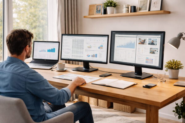 Monitor fürs Homeoffice – passende Größe und Auflösung im Vergleich Monitor fürs Homeoffice mit unterschiedlicher Bildschirmgröße und hoher Auflösung in einem modernen Arbeitszimmer