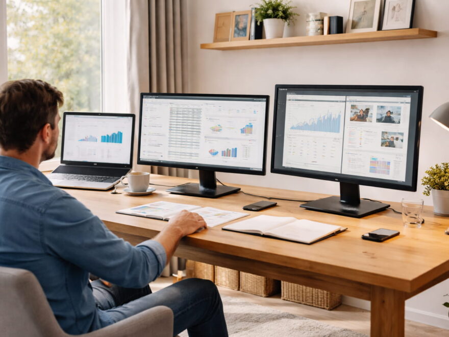 Monitor fürs Homeoffice mit unterschiedlicher Bildschirmgröße und hoher Auflösung in einem modernen Arbeitszimmer
