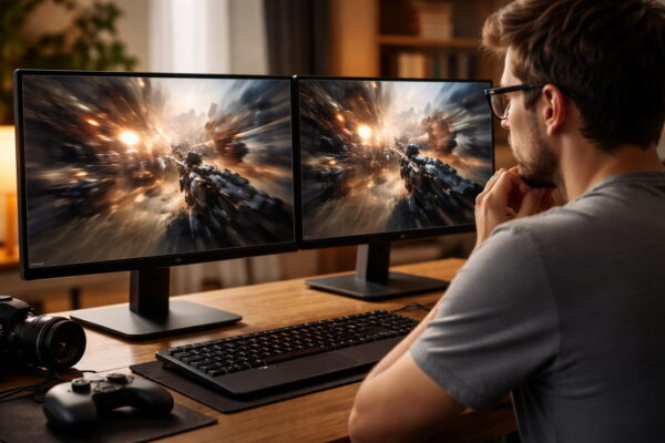 Unterschiede bei Bildwiederholrate und Reaktionszeit im Alltag Monitor kaufen: Vergleich unterschiedlicher Bildwiederholraten bei Gaming-Szenen am Bildschirm