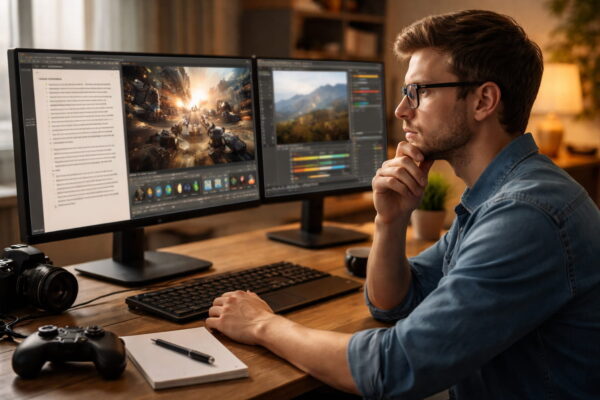 Monitor für Arbeit, Gaming und Bildbearbeitung – unterschiedliche Anforderungen im Alltag Monitor kaufen: Nutzer vor dem Bildschirm mit unterschiedlichen Anwendungen für Arbeit, Gaming und Bildbearbeitung