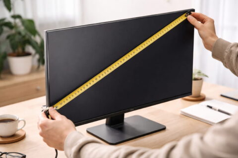 Monitorgröße: Welche Zoll-Größe ist sinnvoll? 24, 27, 32 Zoll im Vergleich 1 Monitorgröße wird mit einem Maßband diagonal am Bildschirm gemessen
