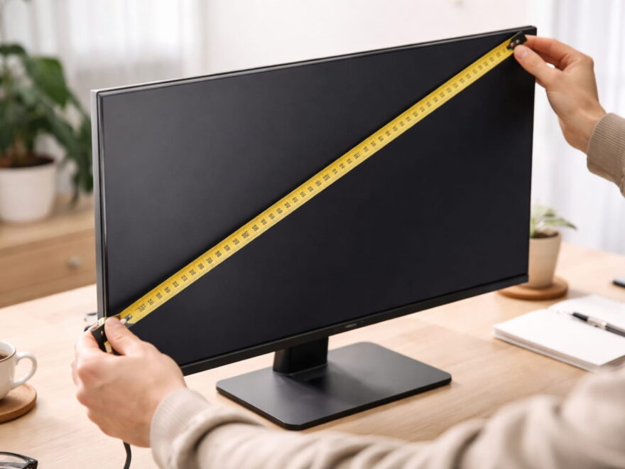 Monitorgröße wird mit einem Maßband diagonal am Bildschirm gemessen