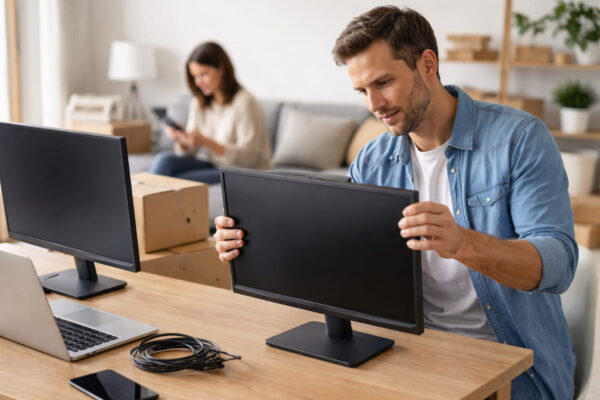 Gebrauchten Monitor kaufen – Zustand vor dem Kauf prüfen Mann prüft einen gebrauchten Monitor auf einem Schreibtisch vor dem Kauf