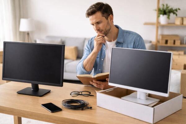 Gebrauchter Monitor oder neues Modell – Kaufentscheidung Vergleich zwischen gebrauchtem Monitor und neuem Einsteigermodell auf einem Schreibtisch