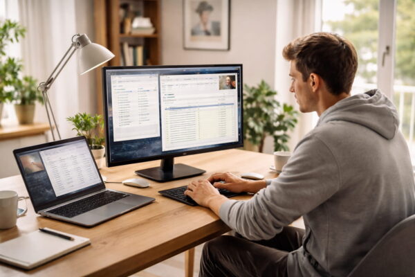 Monitor für Laptop-Nutzer am modernen Schreibtisch Monitor für Laptop-Nutzer im Homeoffice – externer Bildschirm erweitert den Arbeitsplatz